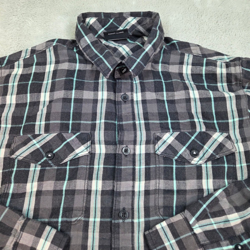 Vans Flannel Shirt Mens Sz M Plaid Long Sleeve Button Down Grey Black Teal White
